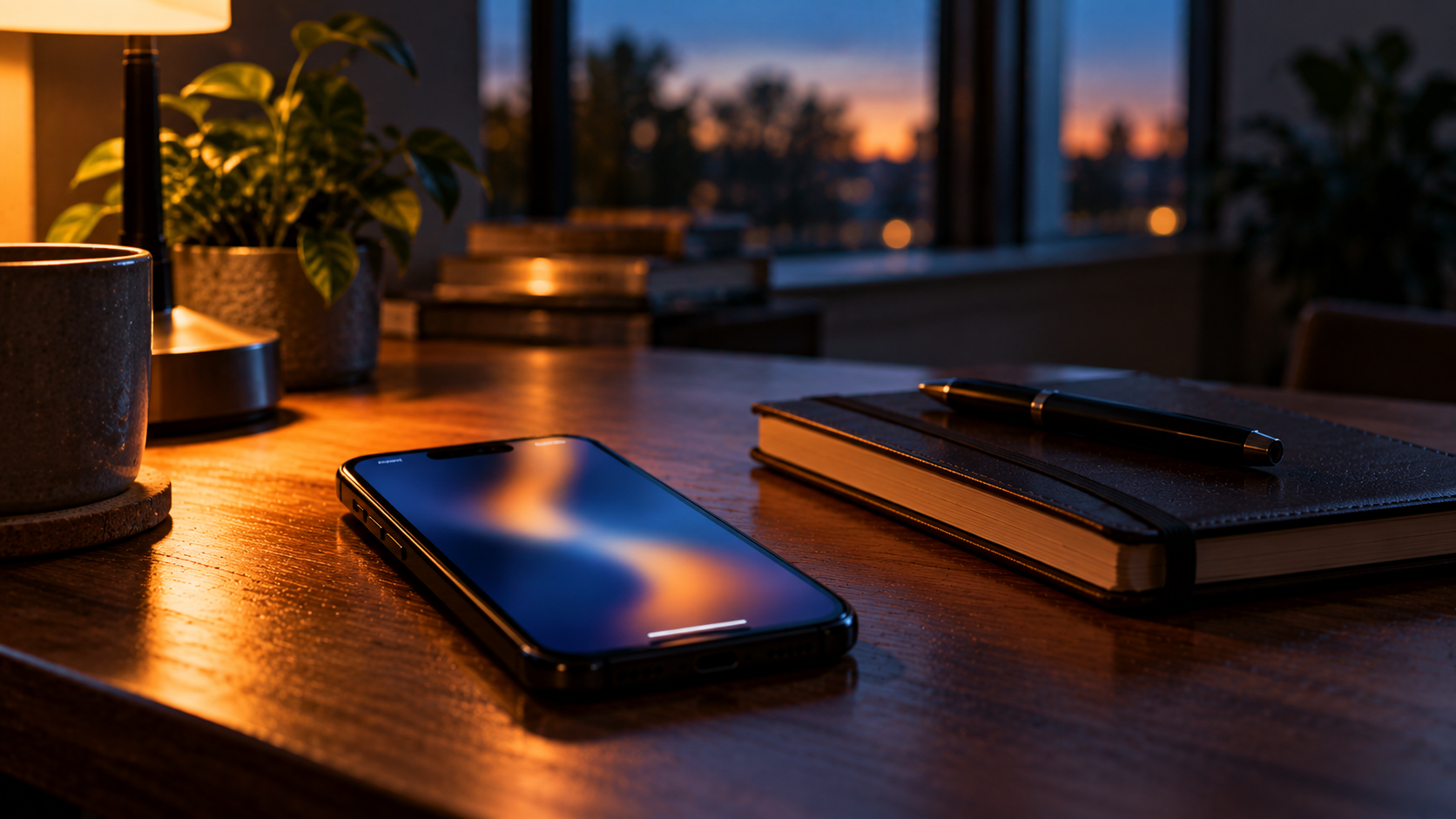 A phone with a glowing, blurred lock screen on a desk beside a closed notebook and a pen.