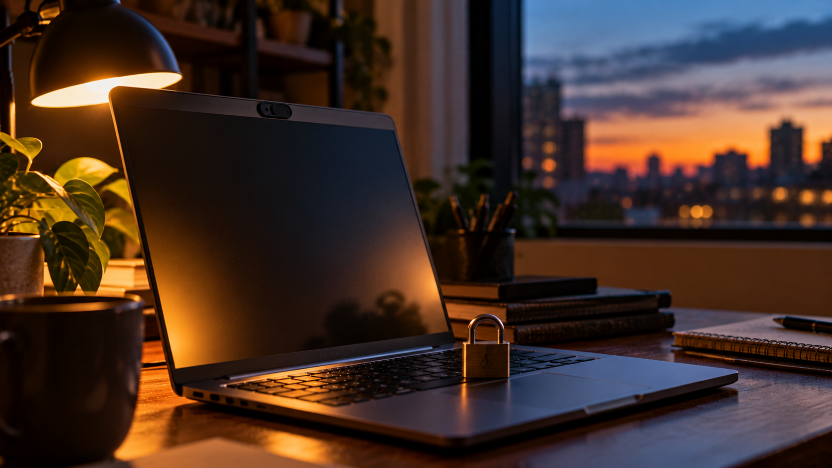 A laptop with its webcam cover closed and a small padlock resting on the keyboard in soft evening light.