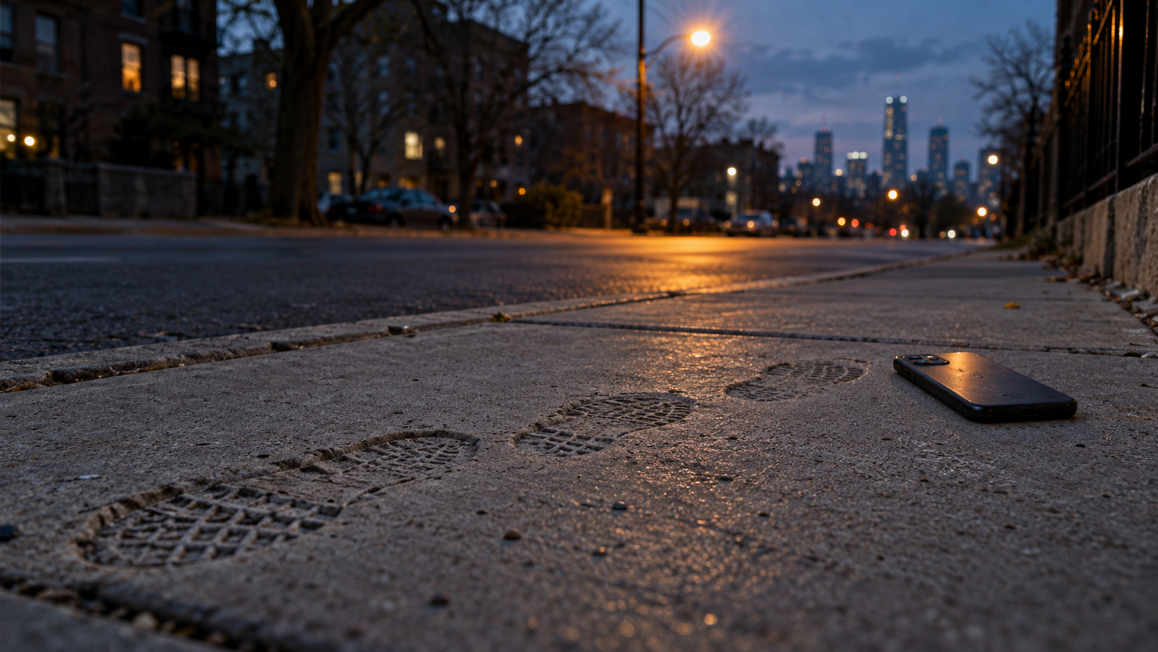Sneaker prints hardened into a concrete sidewalk at dusk, with a phone lying face down beside them under a streetlight.