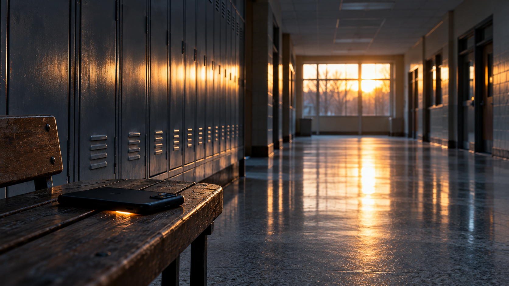 An empty school hallway at dawn, with a single phone lying face down on a wooden bench, its screen glowing at the edges.