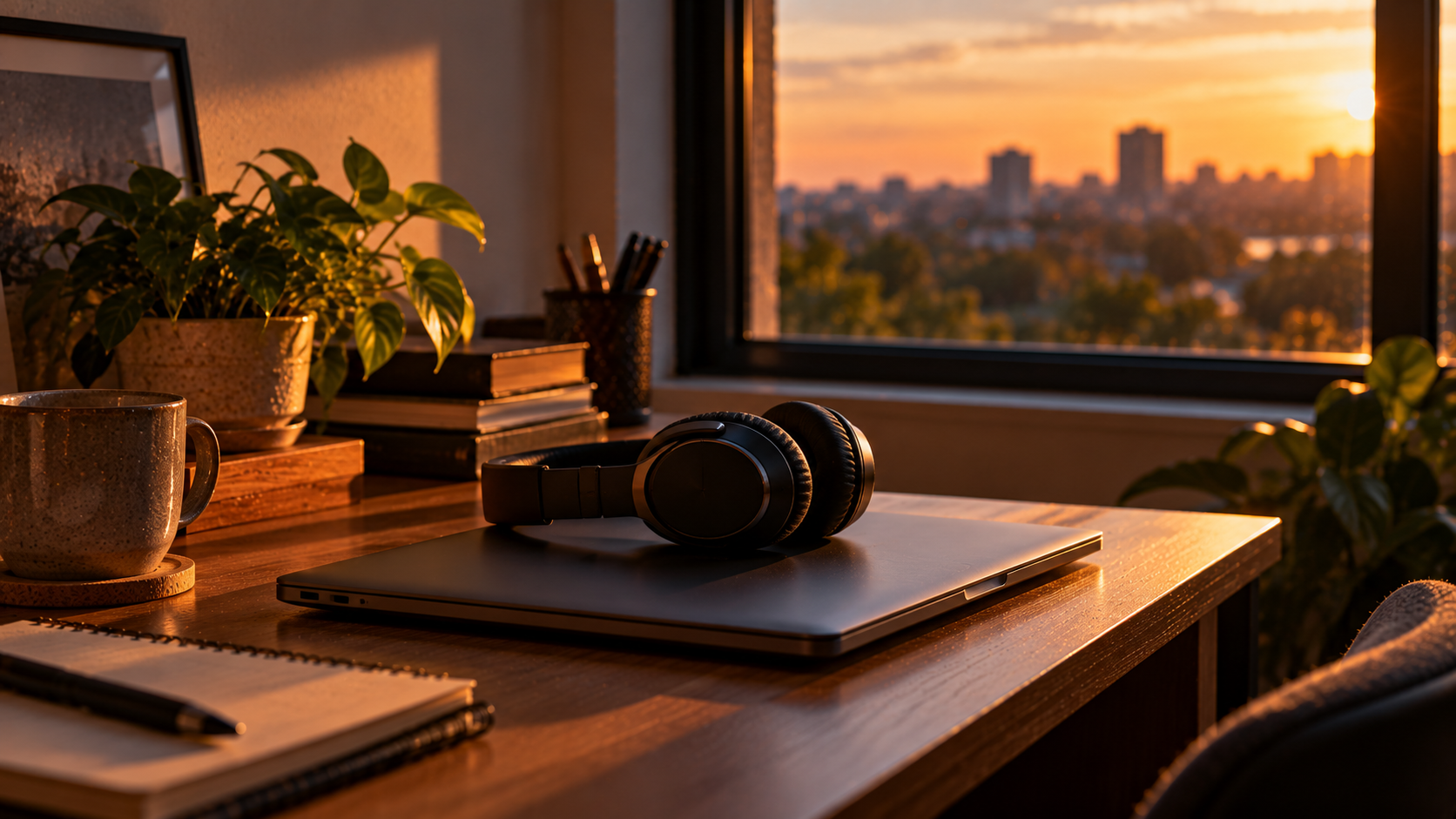 A closed laptop with headphones resting on top, on a tidy desk by a window in late afternoon light.