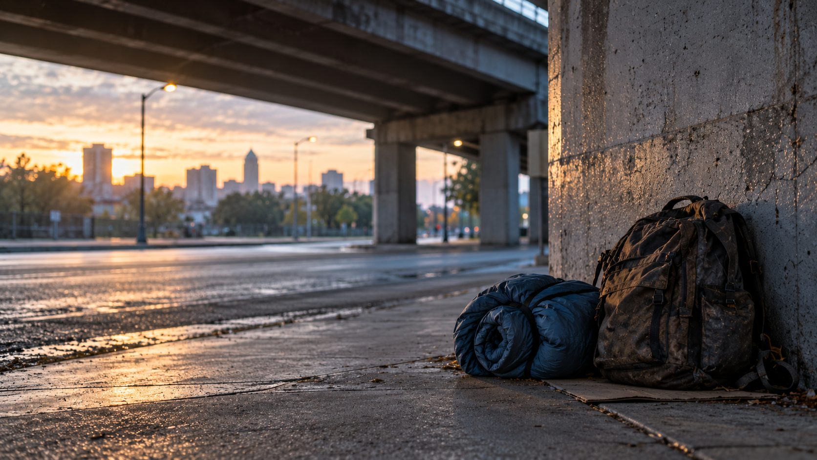 A rolled sleeping bag and a worn backpack tucked against a wall under a city overpass at dawn.