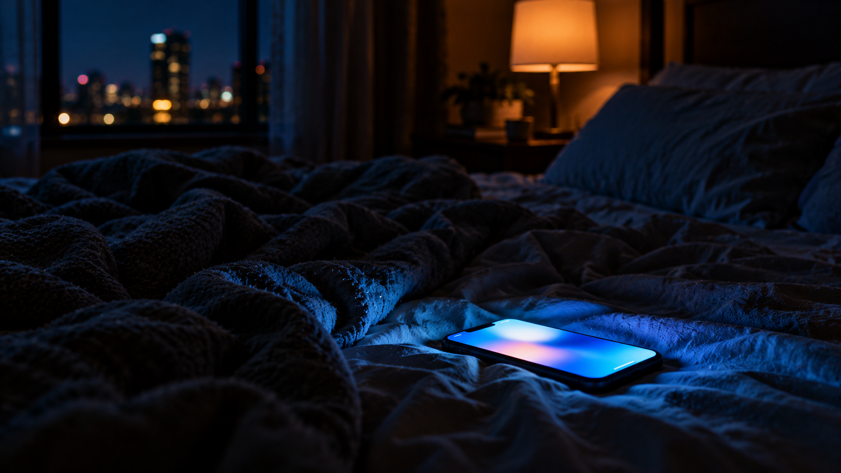 A phone face up on a bed in a dark room, its screen glow lighting the tangled sheets late at night.