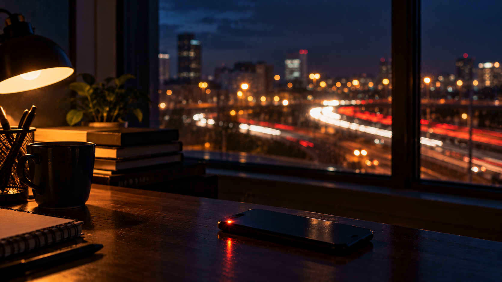 A phone face down on a desk at night with its notification light glowing and highway lights through the window.