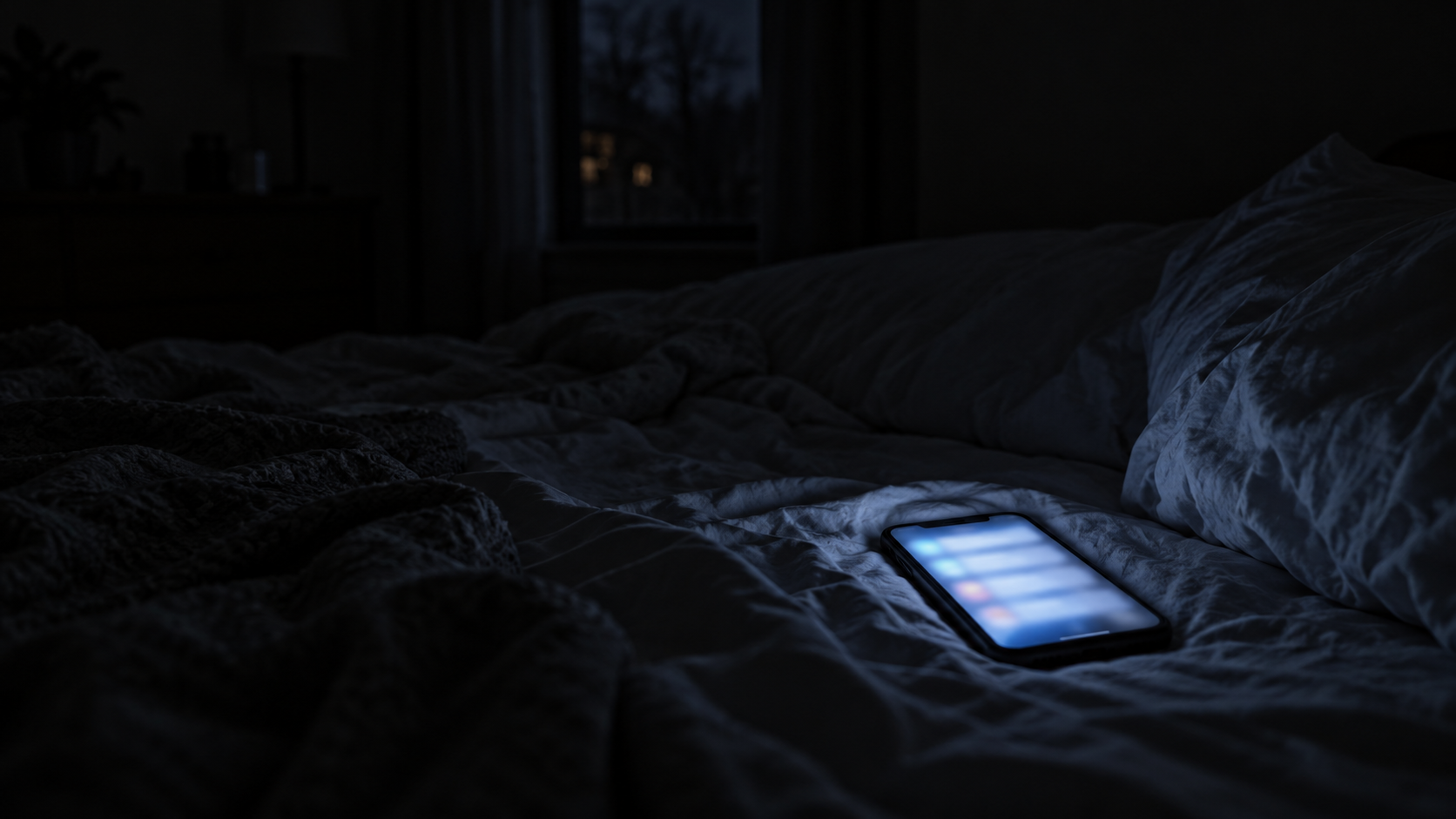A phone glowing face up on a rumpled bed in a dark bedroom at night, lighting the room.