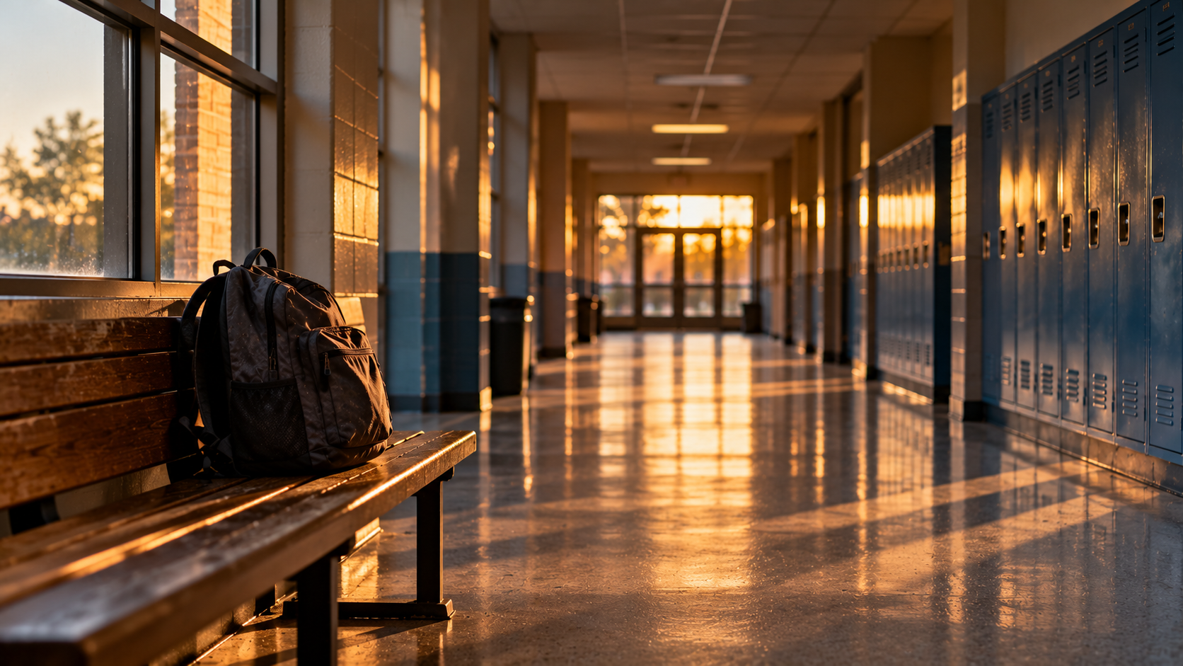 An empty school hallway lined with lockers in late afternoon light, with one backpack resting on a bench.