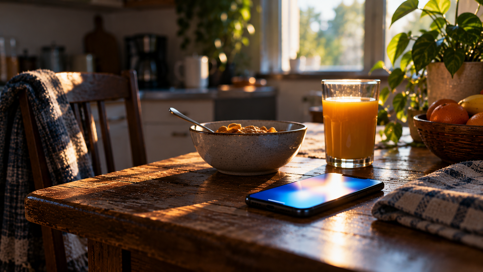 A phone glowing beside an untouched bowl of cereal and a full glass of juice on a kitchen table.
