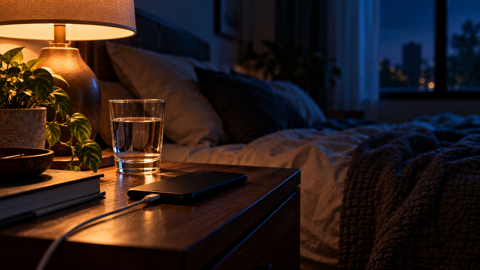 A phone charging face down on a nightstand beside a glass of water in a dark bedroom at night.