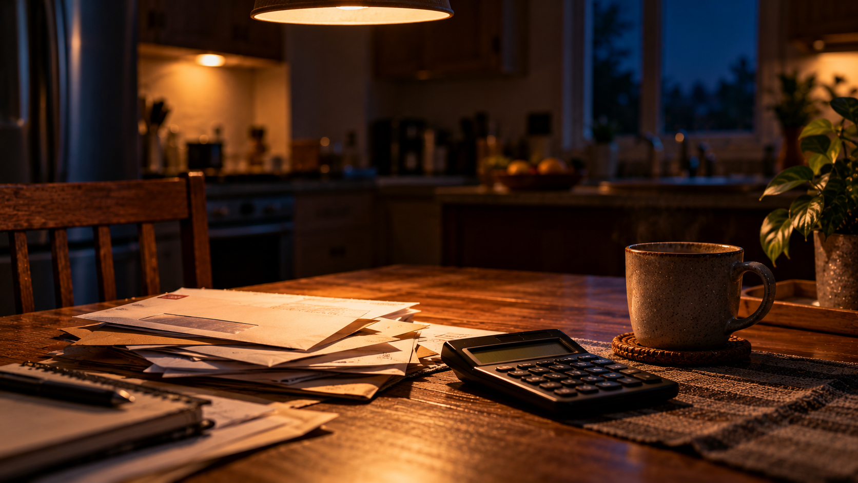 A stack of envelopes, a calculator, and a cup of coffee on a kitchen table under one overhead light.