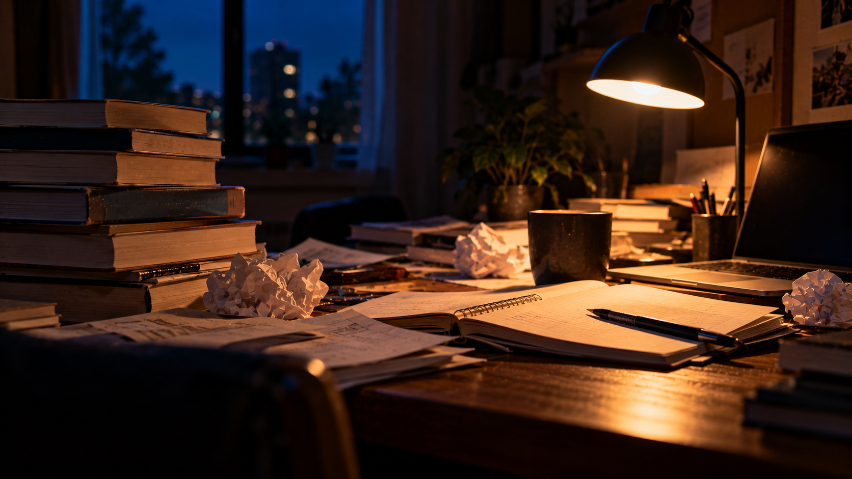A desk late at night covered in stacked textbooks, crumpled papers, and an open notebook under a lamp.