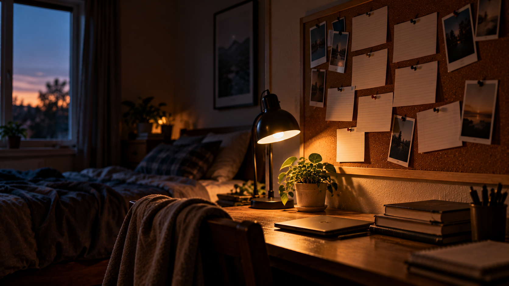 A corkboard of blank index cards on a bedroom wall, lit by a single desk lamp in the evening.