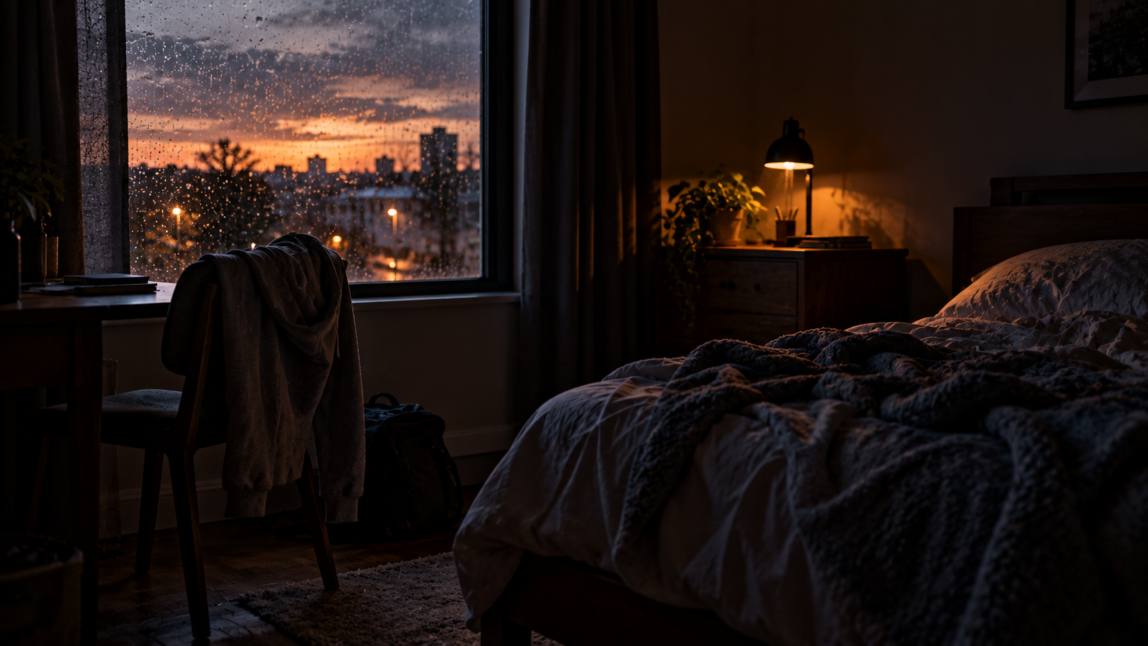 A dim bedroom at dusk with rain on the window, an unmade bed, and a hoodie draped over a chair.