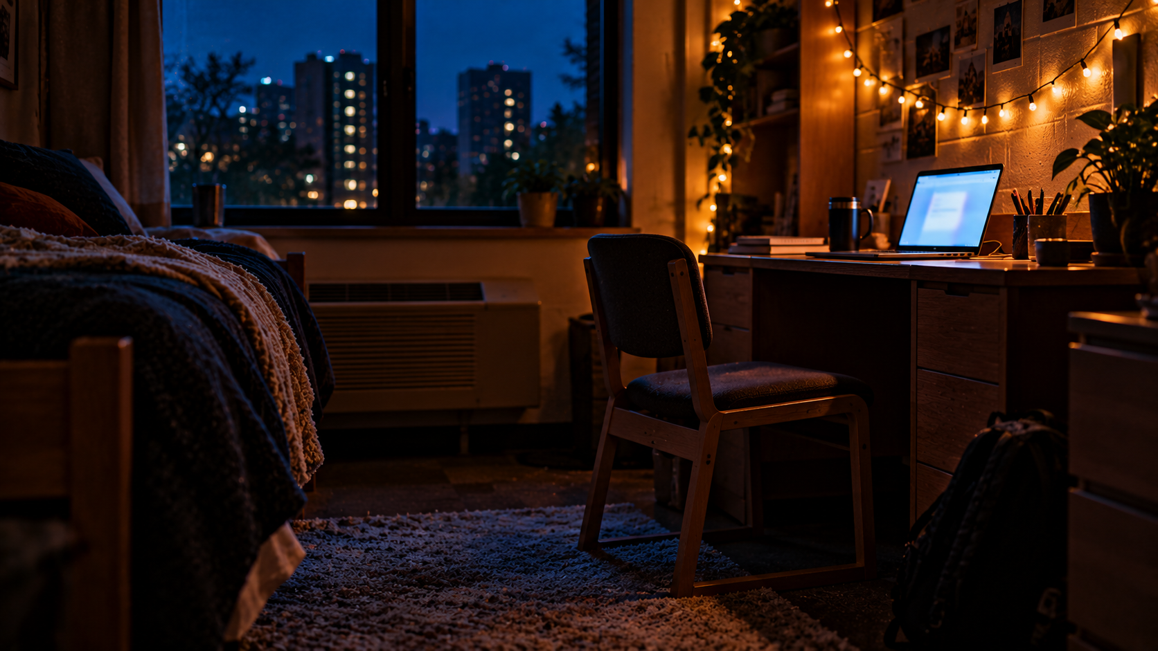 A small dorm room at night with a glowing laptop, one empty chair, and string lights along the wall.