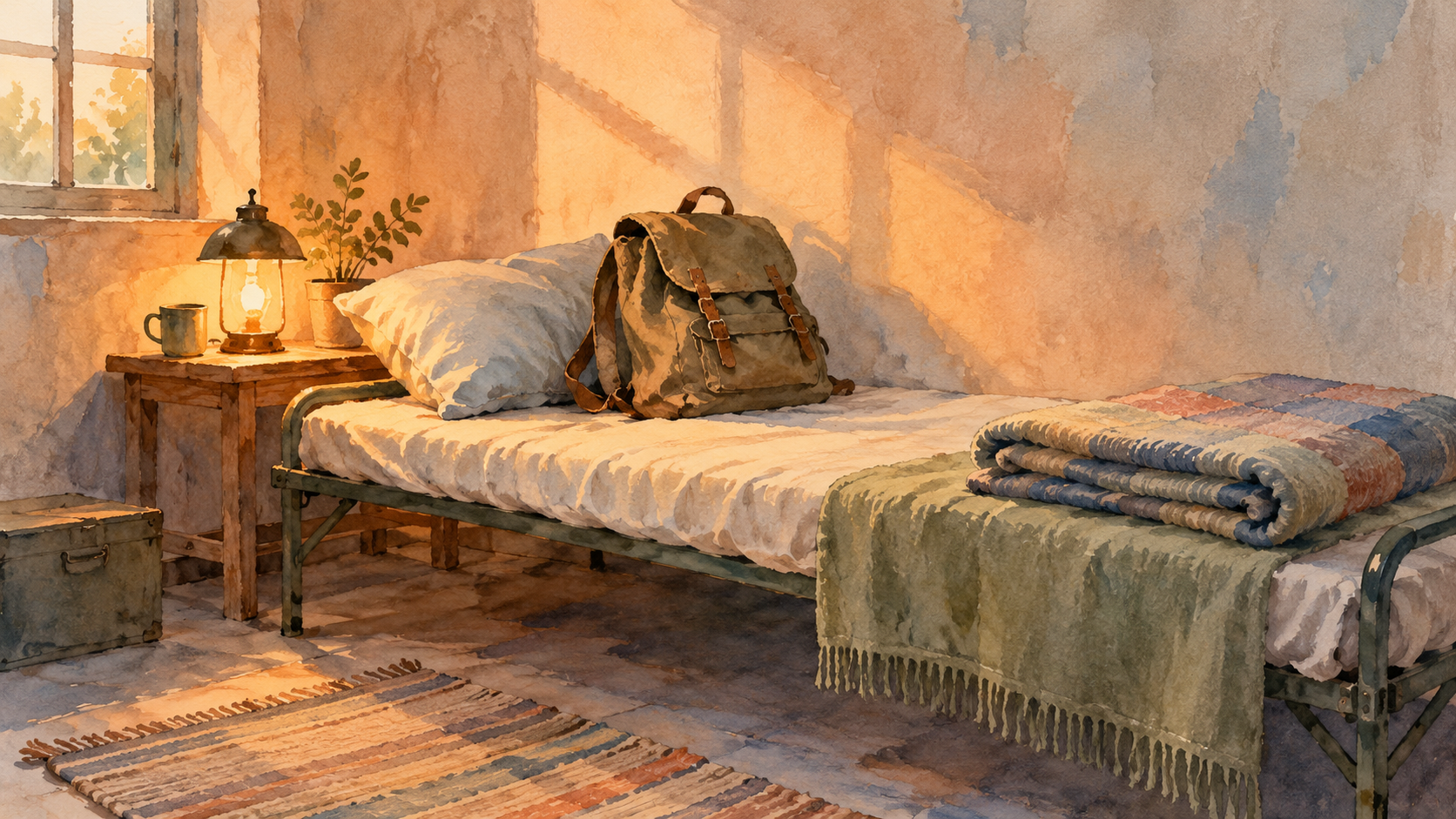 A watercolor of a worn backpack on a neatly made cot with a folded blanket and a small lamp beside it.