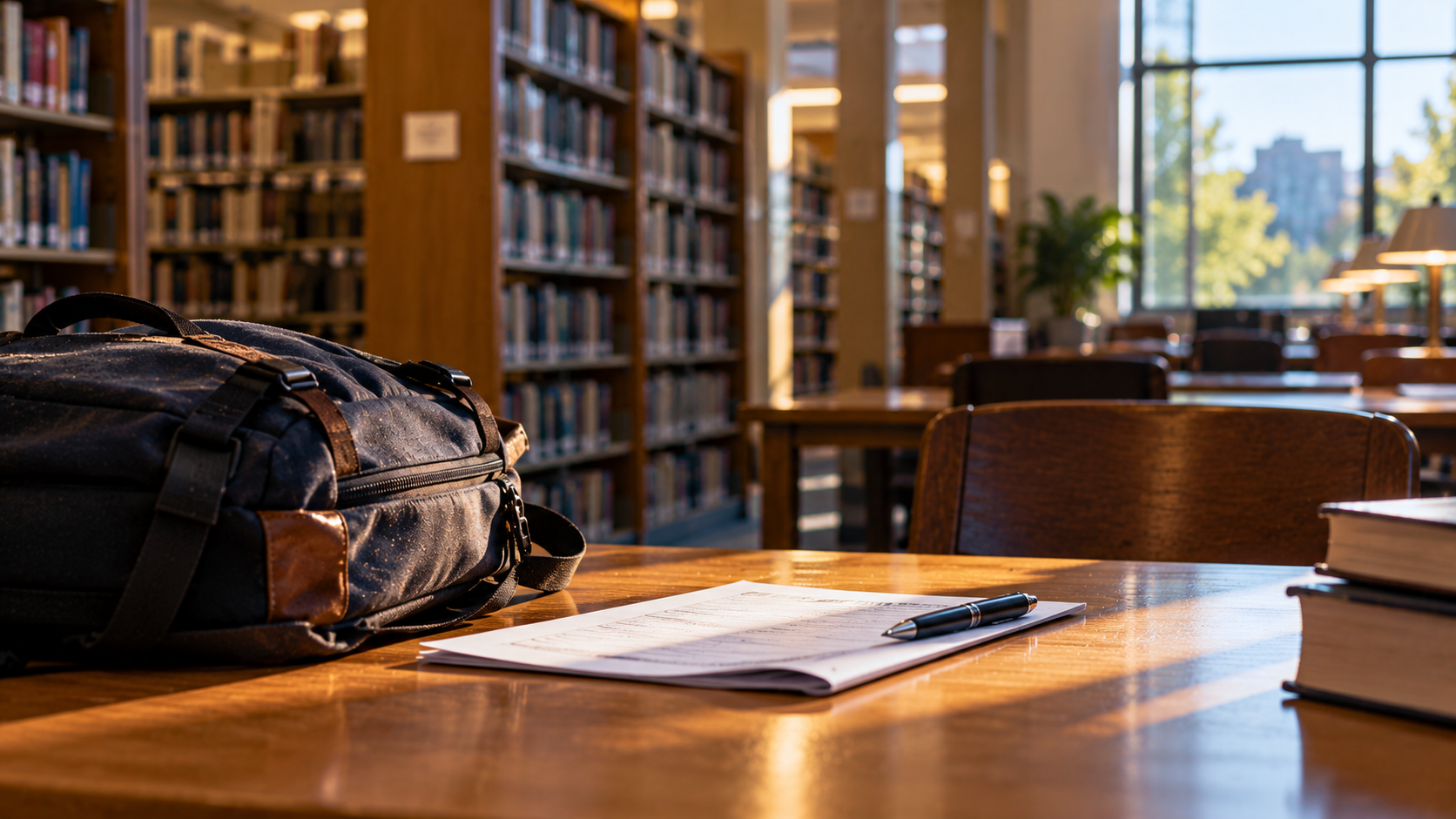 A backpack on a library table beside a folded paper form and a pen, with shelves blurred behind it.