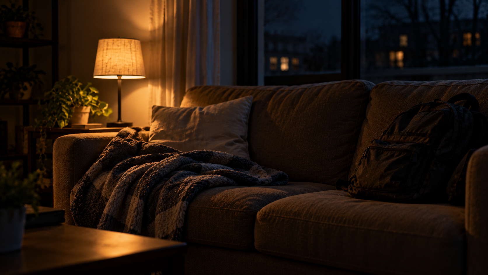 A couch at night with a folded blanket, a pillow, and a backpack at one end, lit by a dim lamp.