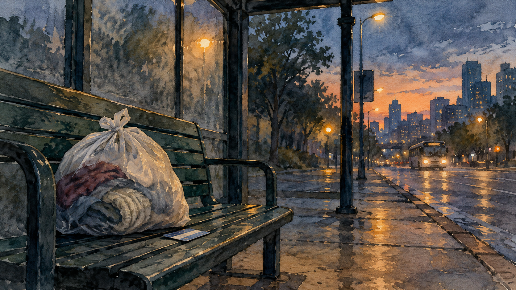 A watercolor of a bag of belongings and a bus pass on an empty bus stop bench at dusk under streetlights.