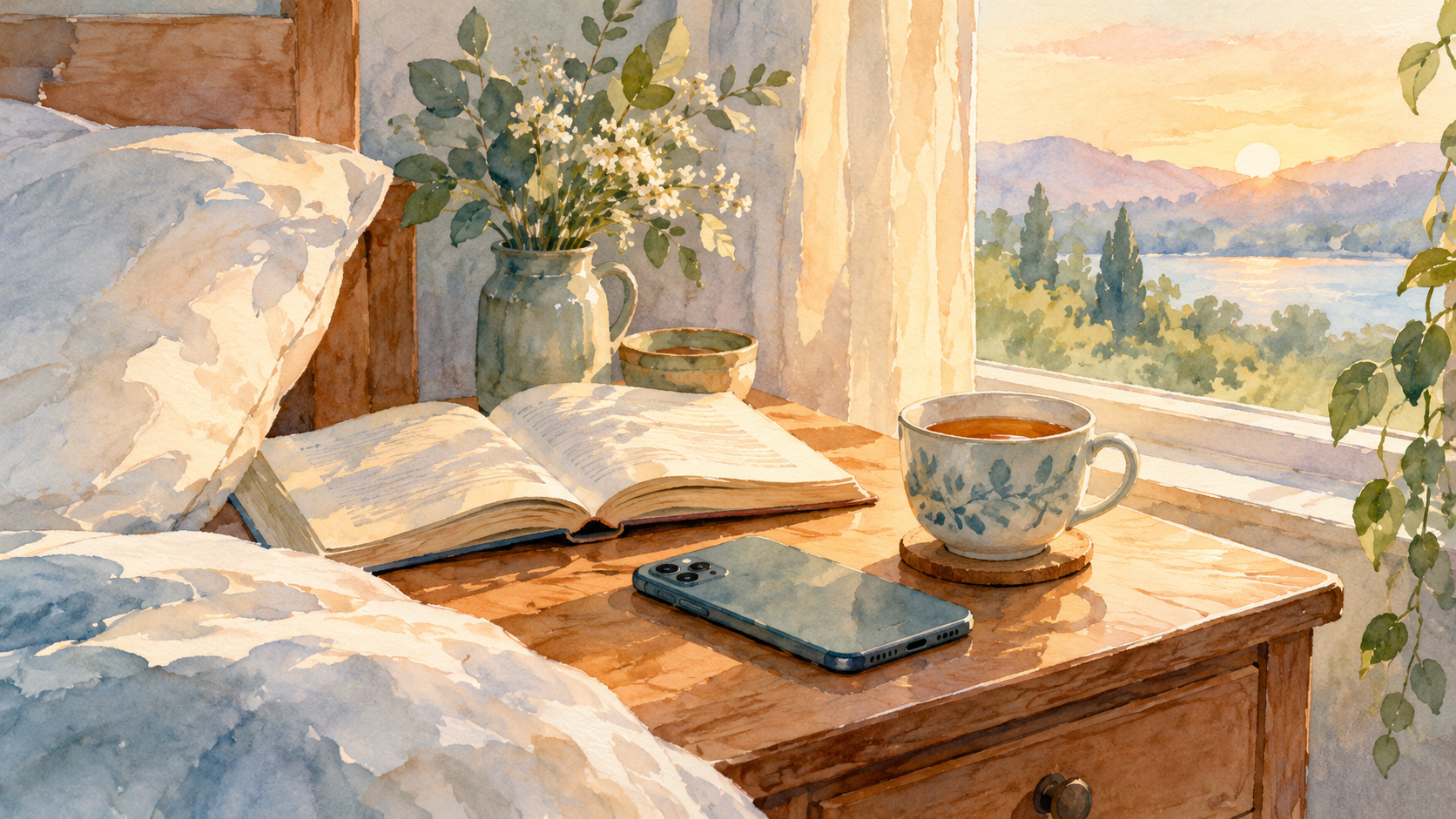 A watercolor of a phone face down on a bedside table beside an open book and tea in morning sunlight.