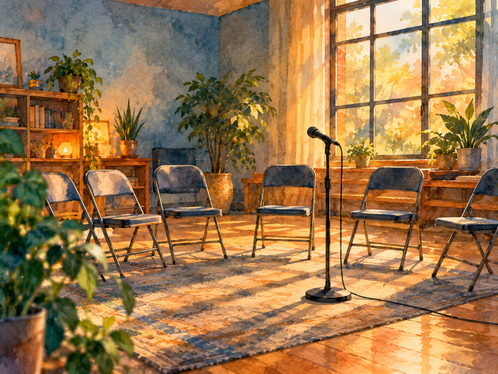 A watercolor of a microphone on a stand facing a half circle of empty folding chairs in warm afternoon light.