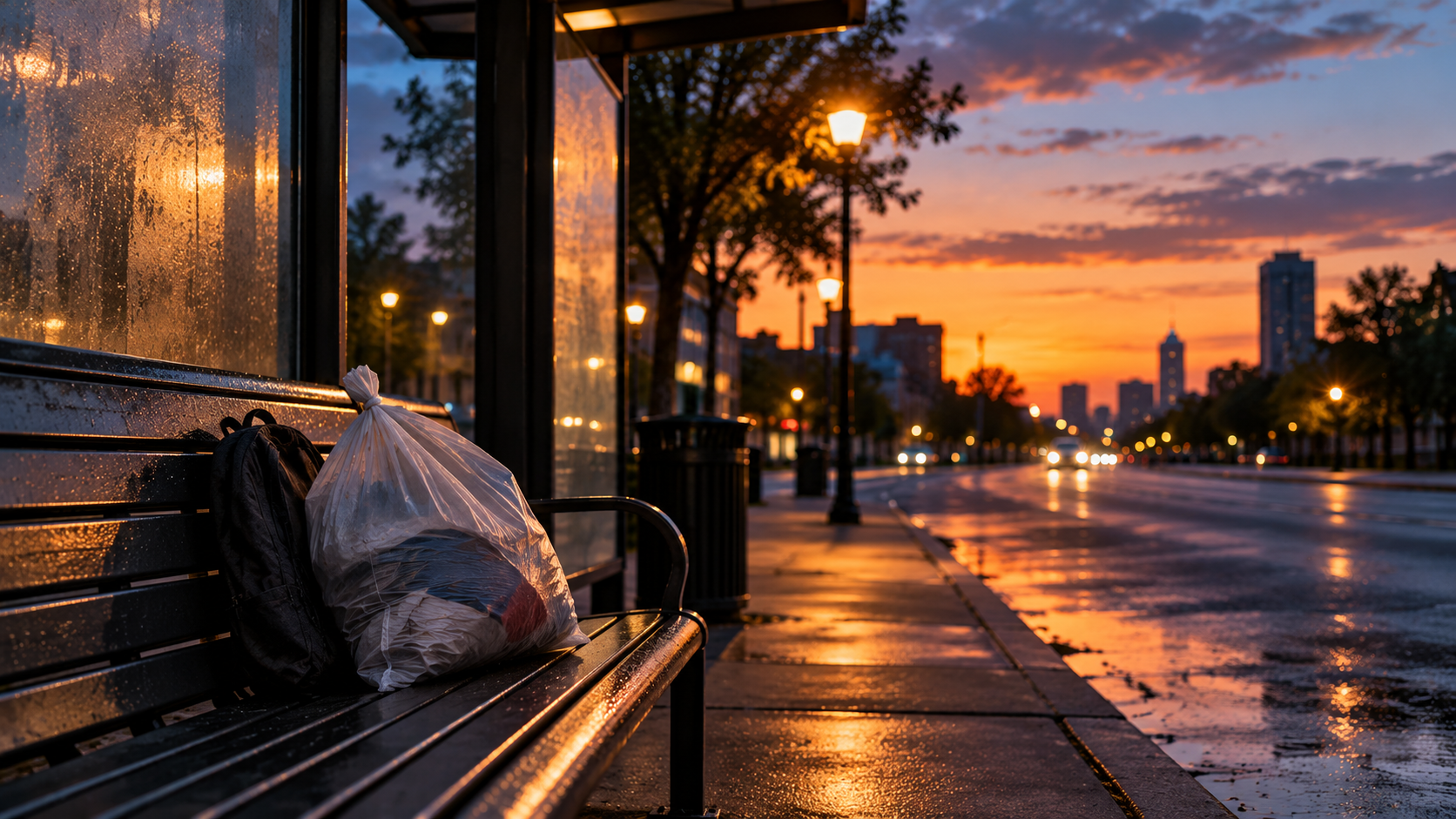 A plastic bag of belongings on an empty bus stop bench at dusk as the streetlights come on.