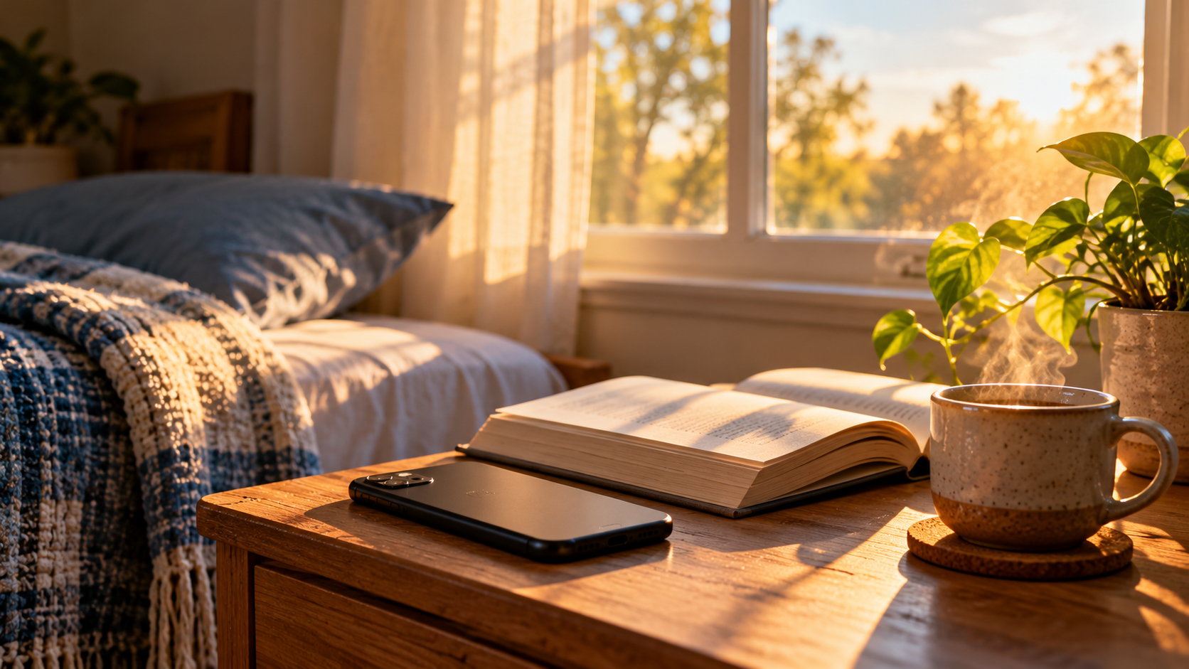 A phone face down on a bedside table beside an open book and a cup of tea in morning sunlight.