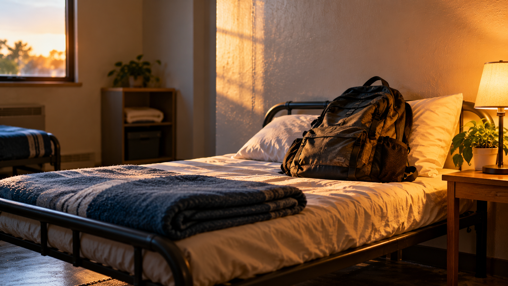 A worn backpack on a neatly made cot with a folded blanket and a small lamp beside it.
