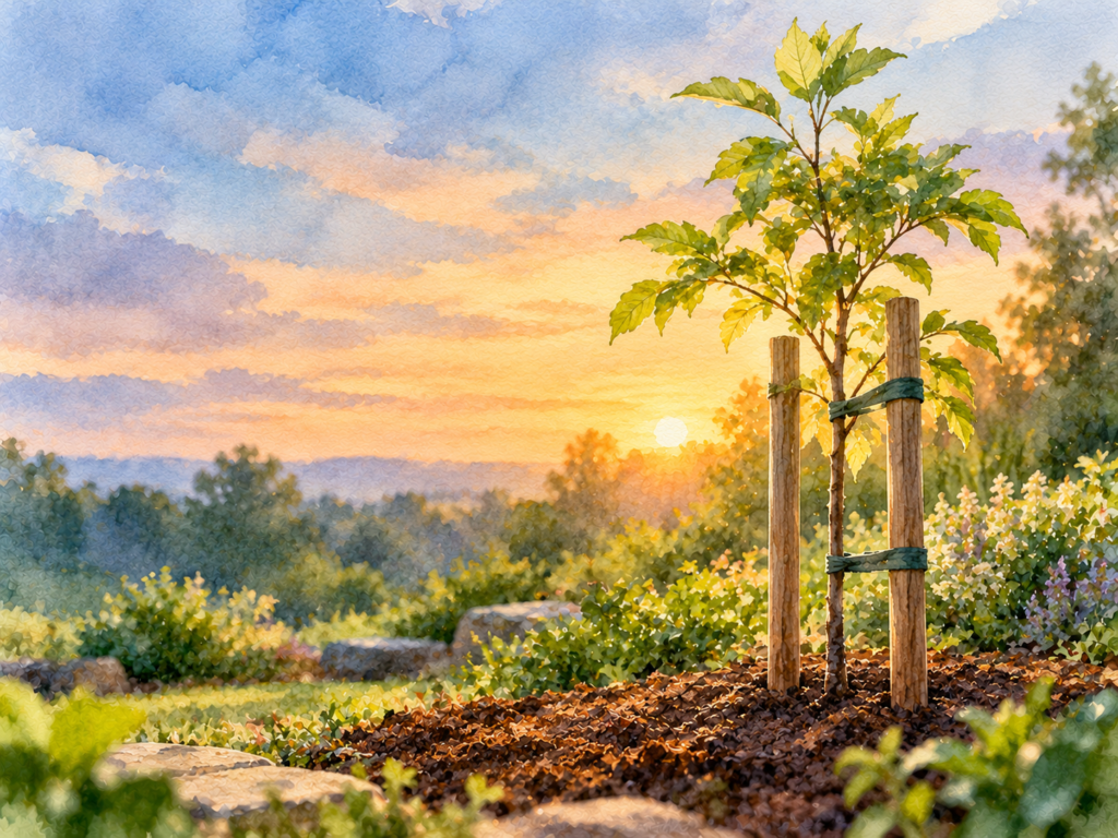 A watercolor of a young sapling in a garden, held upright by two wooden stakes in soft morning light.