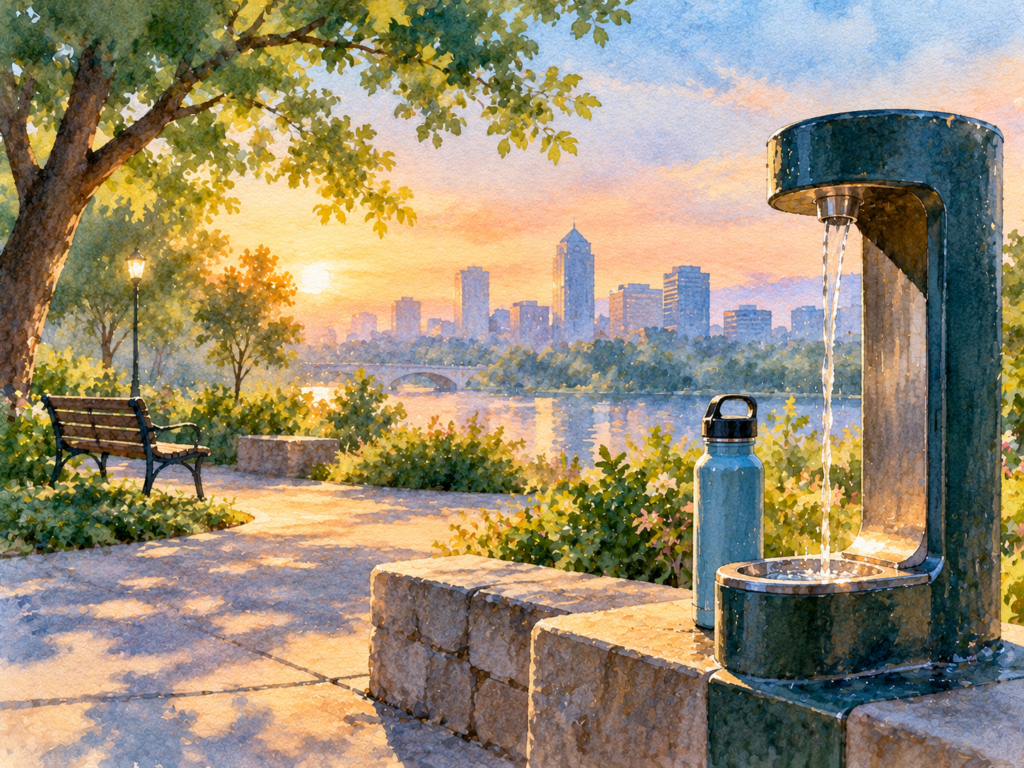A watercolor of a public water refill station in a quiet park, with a reusable water bottle resting beside it.