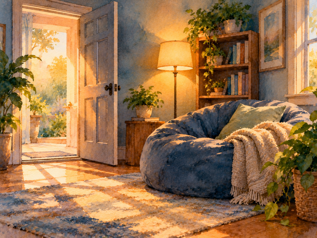 A watercolor of a cozy room corner with a beanbag chair, a warm lamp, a small bookshelf, and a soft blanket.