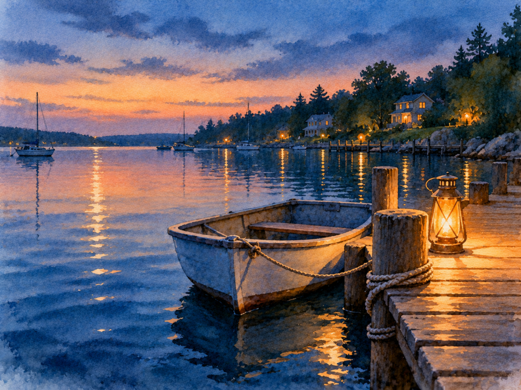 A watercolor of a small boat tied at a quiet harbor dock in the evening, with a lantern glowing nearby.