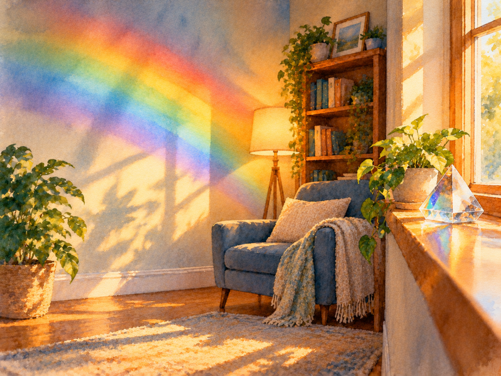 A watercolor of sunlight through a glass prism on a windowsill, casting a soft rainbow across a cozy room.