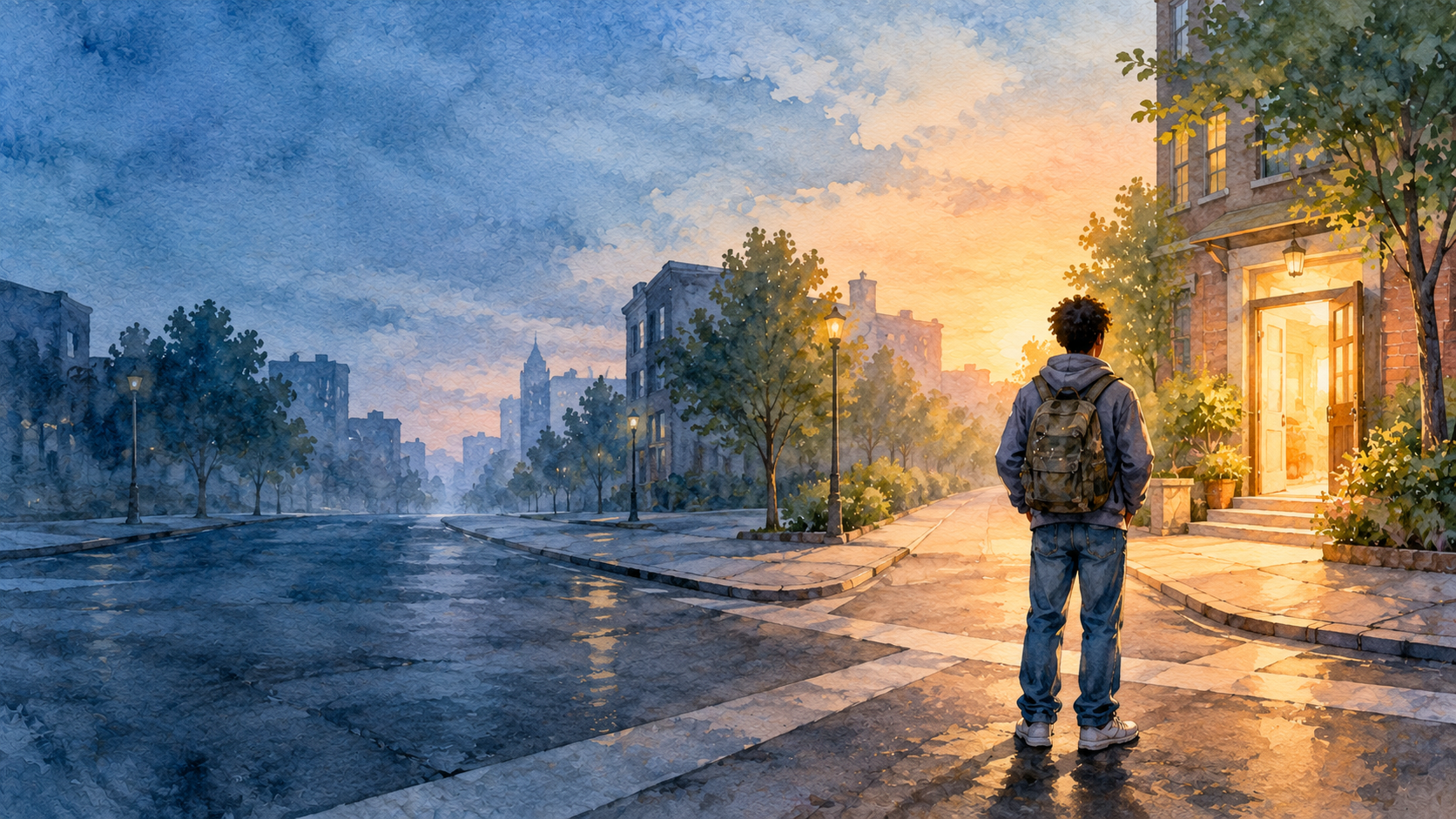 A watercolor of a young person with a backpack at a city crossroads, facing a doorway glowing with warm light.