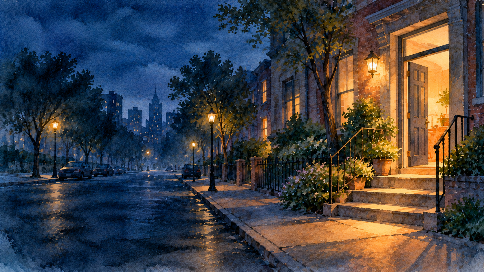 A watercolor of a city street at night with one open door spilling warm light onto the steps.